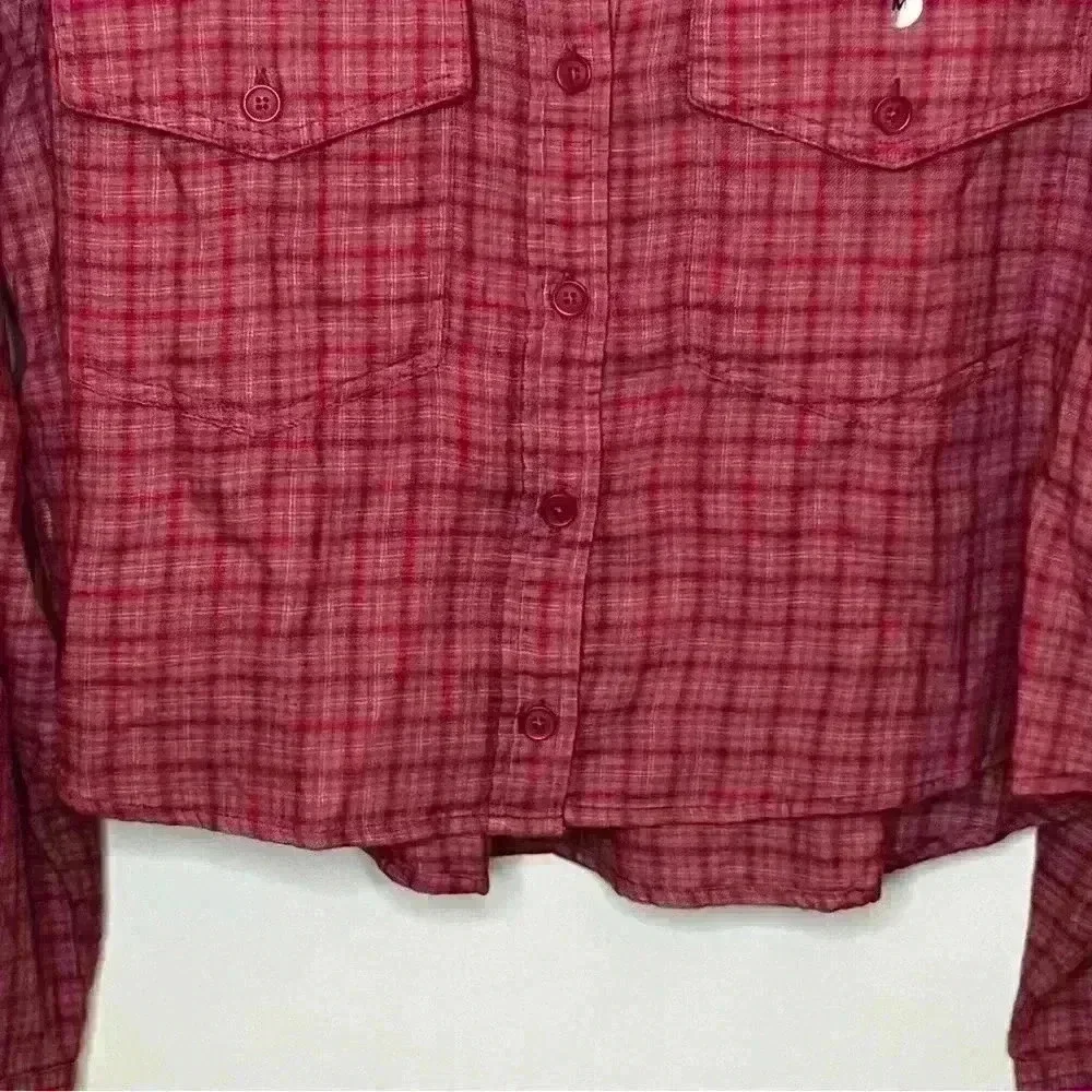 American Eagle Cropped Long Sleeve‎ Flannel Shirt Women Medium Pink Casual NWT